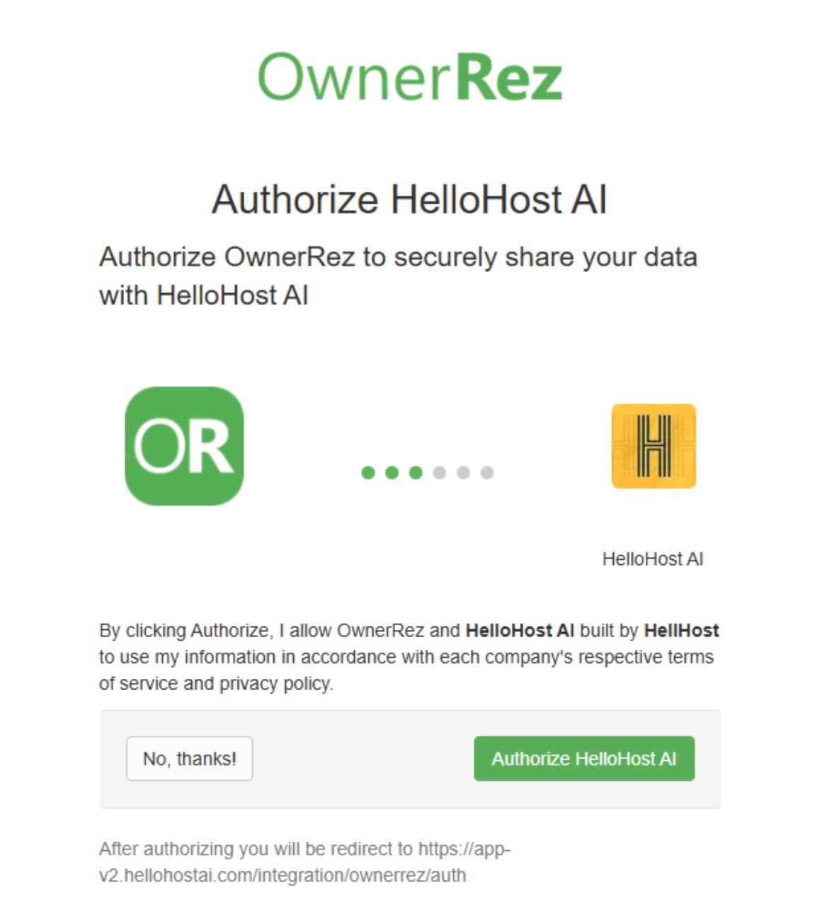 Log in to your account and authorize HelloHost integration