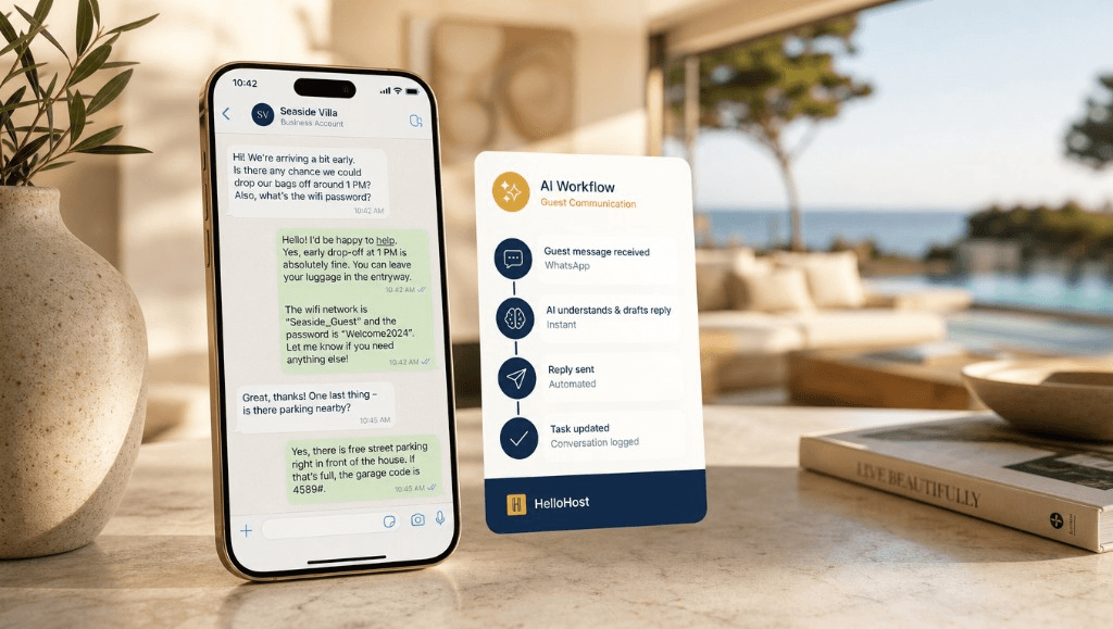 HelloHost AI guest messaging workflow for short-term rental operations