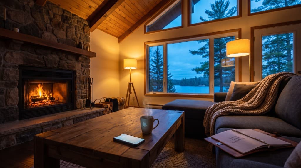 Cozy lakeside living room with fireplace